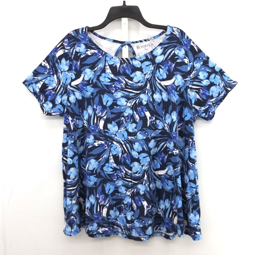 Roaman's Shirt Womens Size L Blue Tropical Short Sleeve Pullover Top